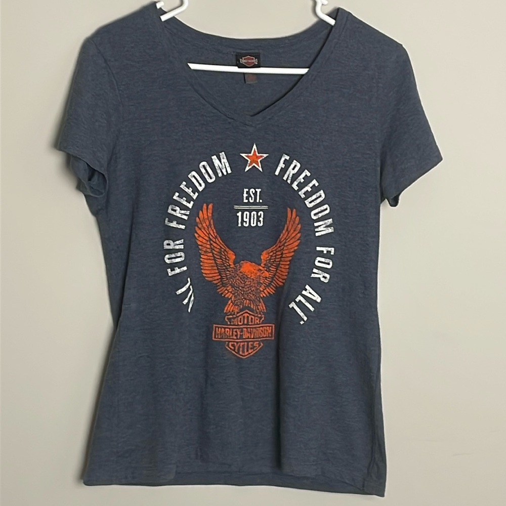 Harley-Davidson Womens V-Neck Blue Short Sleeve Tee- Eagle Graphic- Medium
